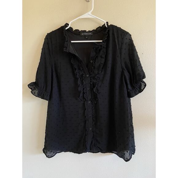 Gibson Look Classic Black Swiss Dot Ruffle Button Front Shirt Blouse Top Women S - Picture 1 of 8